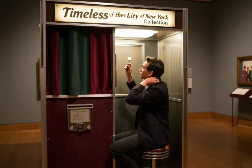 Museum city new york 1950s photomaton booth visitor pose gallery setting