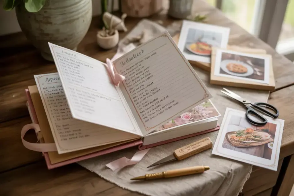 Personalized handwritten recipe book with cards and decorative dividers open on table