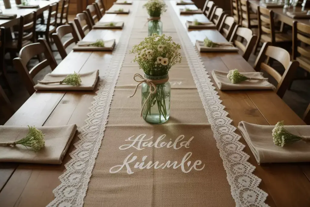 Rustic burlap wedding runner with lace trim on wooden table with mason jar centerpieces