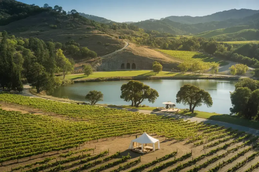 Calistoga ranch vineyard lake wine cave napa valley aerial