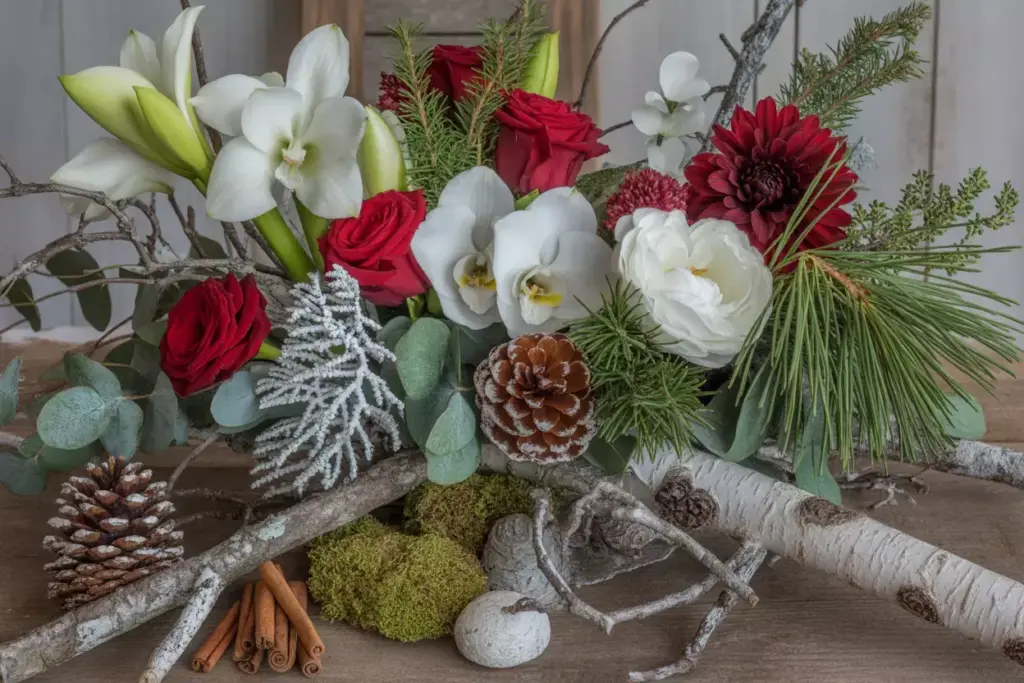 Close up seasonal winter florals pine cones birch branches natural textures