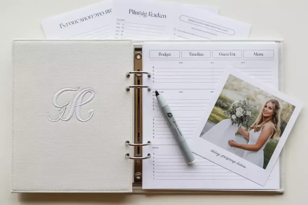 Fabric covered wedding planning binder with monogram and tabbed dividers flat lay