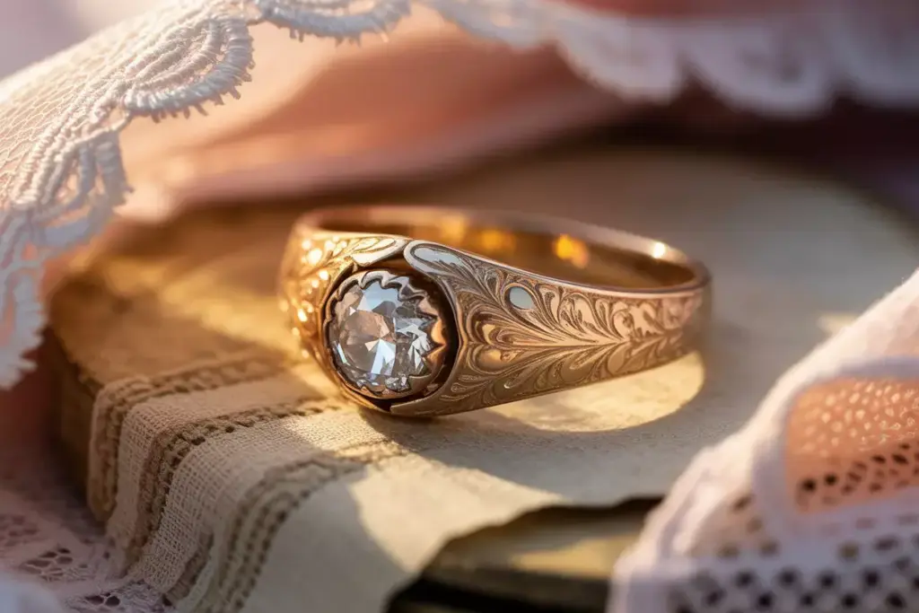 Victorian rose gold filigree engraved diamond lace fabric