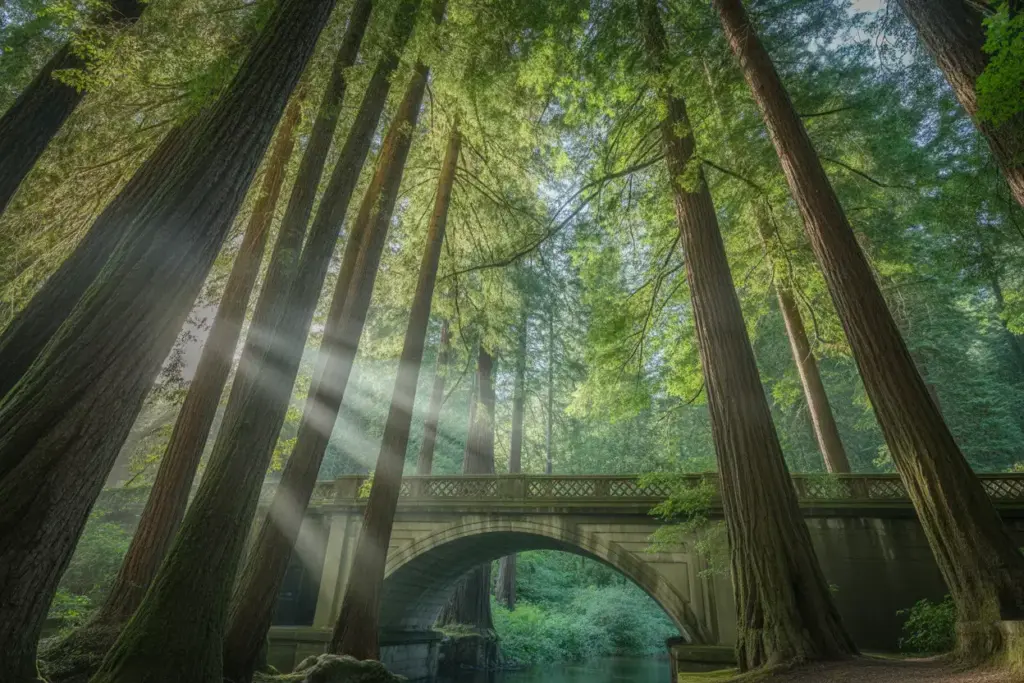 Cathedral grove redwoods sunbeams historic longbridge stone bridge