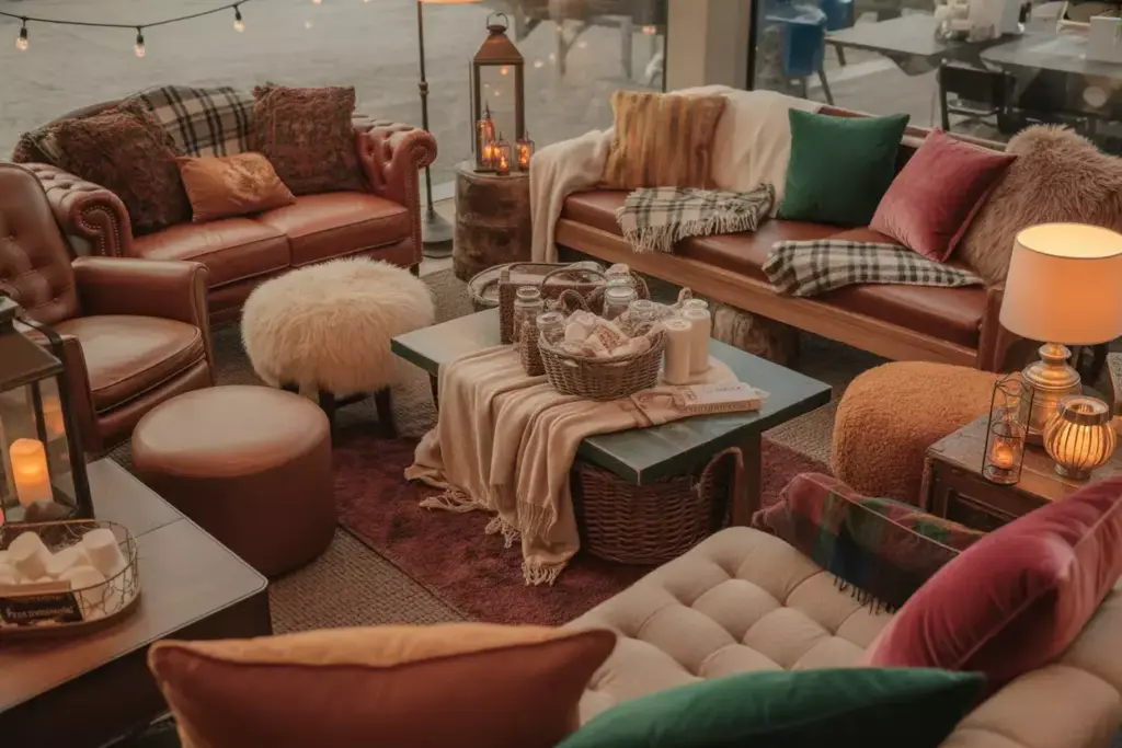 Cozy winter wedding lounge faux fur throws string lights hot chocolate bar