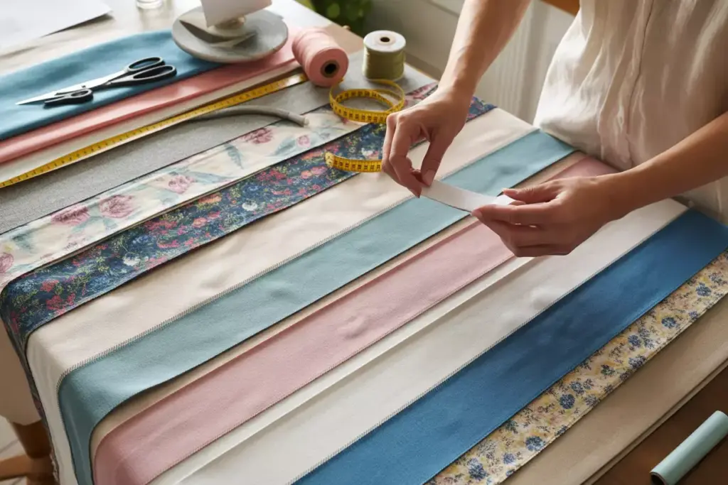 Diy wedding table runner materials coordinating fabric strips and tools flat lay