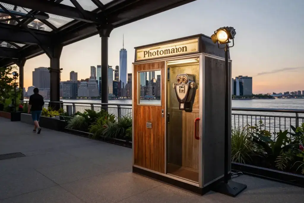 High line park 1940s photomaton installation skyline backdrop golden hour