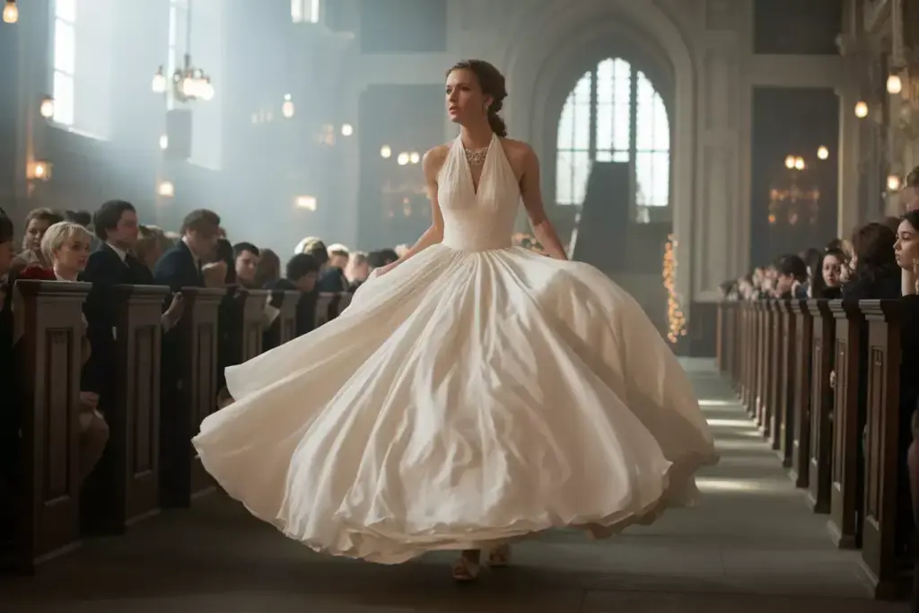 Voluminous ball gown halter in grand church setting