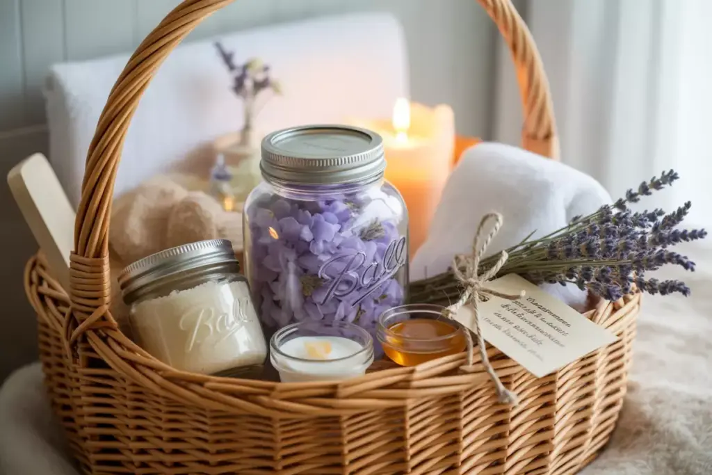 Wicker spa basket with homemade lavender salts body scrub and towel