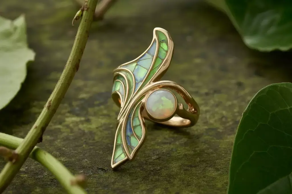 Art nouveau gold vine enamel opal natural botanical setting