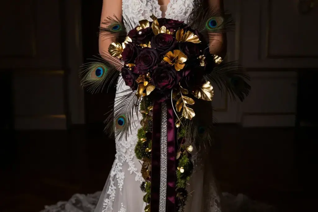 Luxury trailing bouquet gold leaf crystals bride formal ceremony