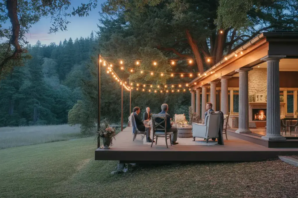 Mountain terrace two level deck market lights forest backdrop dusk