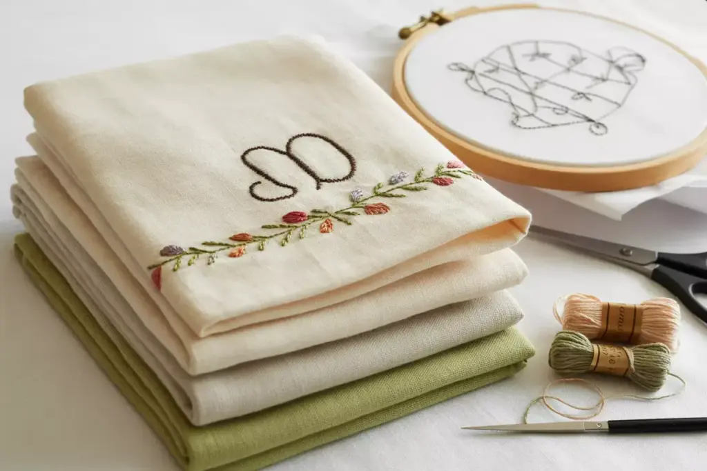 Stack of cotton towels with embroidered monogram and embroidery supplies
