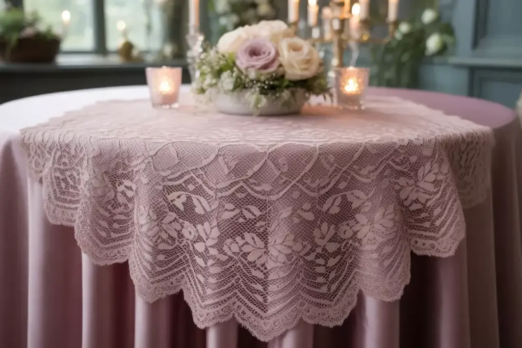 Vintage lace table runner layered over dark cloth with roses and candles