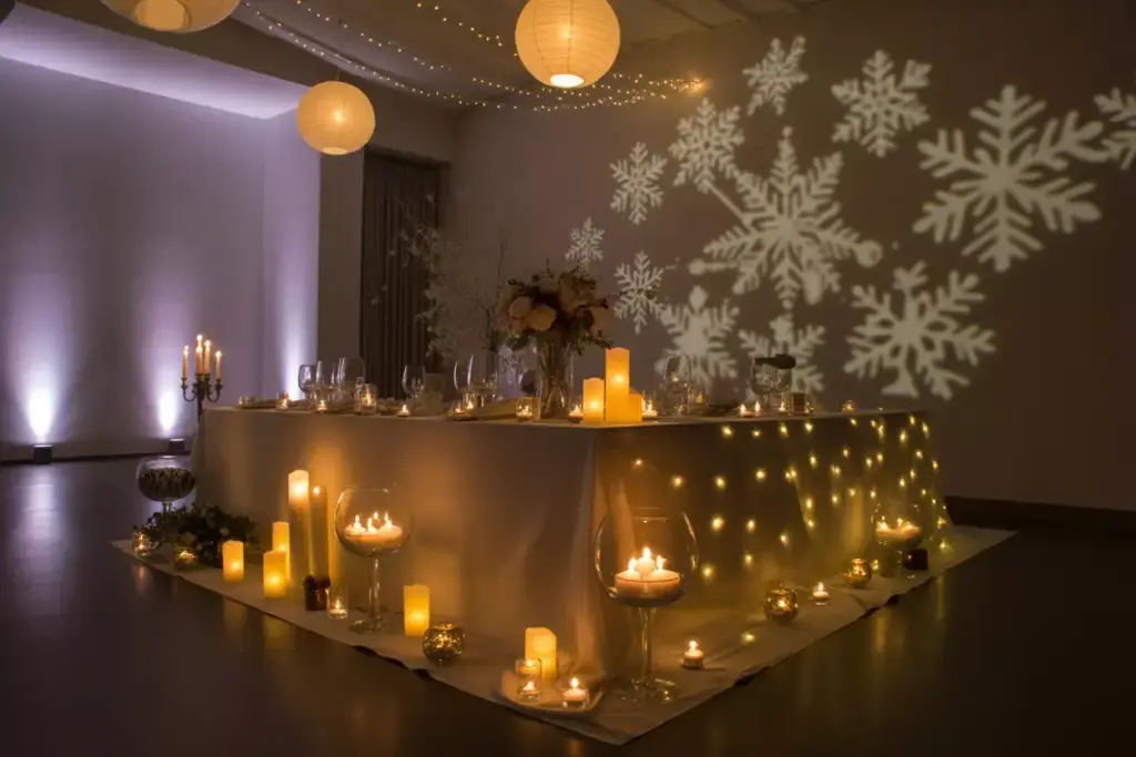 Wedding venue layered lighting candles string lights projections romantic