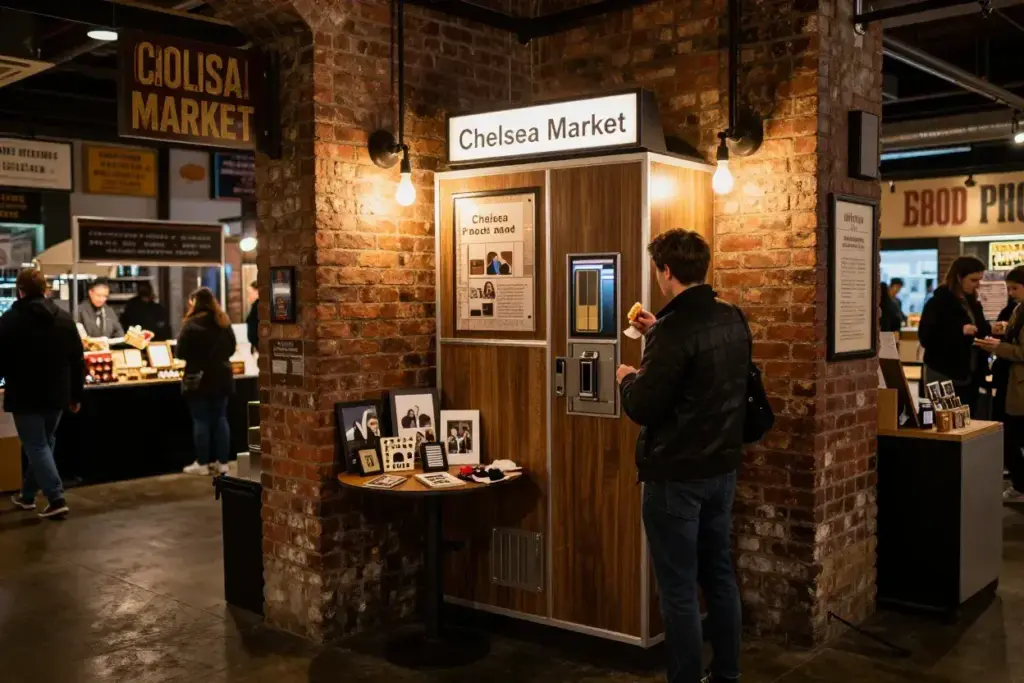 Chelsea market 1950s photome booth exposed brick food hall corner
