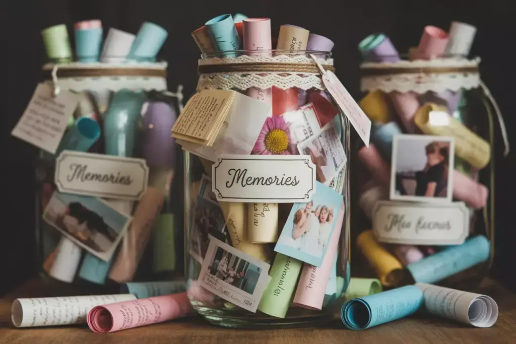 Decorated glass memory jar filled with rolled handwritten notes and mementos