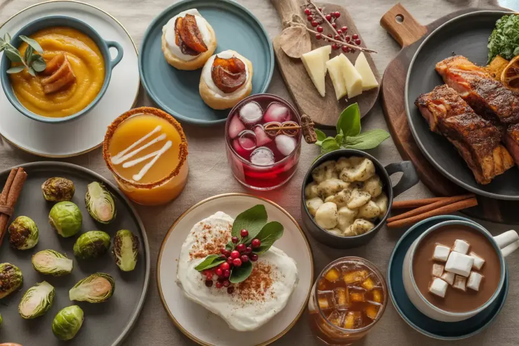 Flat lay winter wedding menu braised short ribs seasonal cocktails martini