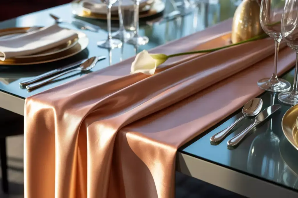 Lustrous satin wedding runner in metallic champagne on formal dining table