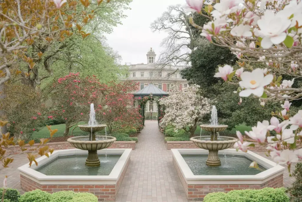 Maple lawn estate magnolia terrace brick aisle two tier fountains