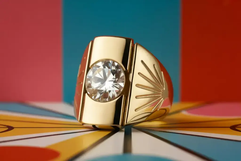 Mid century yellow gold sculptural diamond starburst engraved