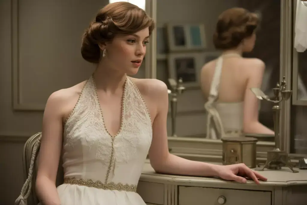 Vintage lace halter gown at antique dressing table