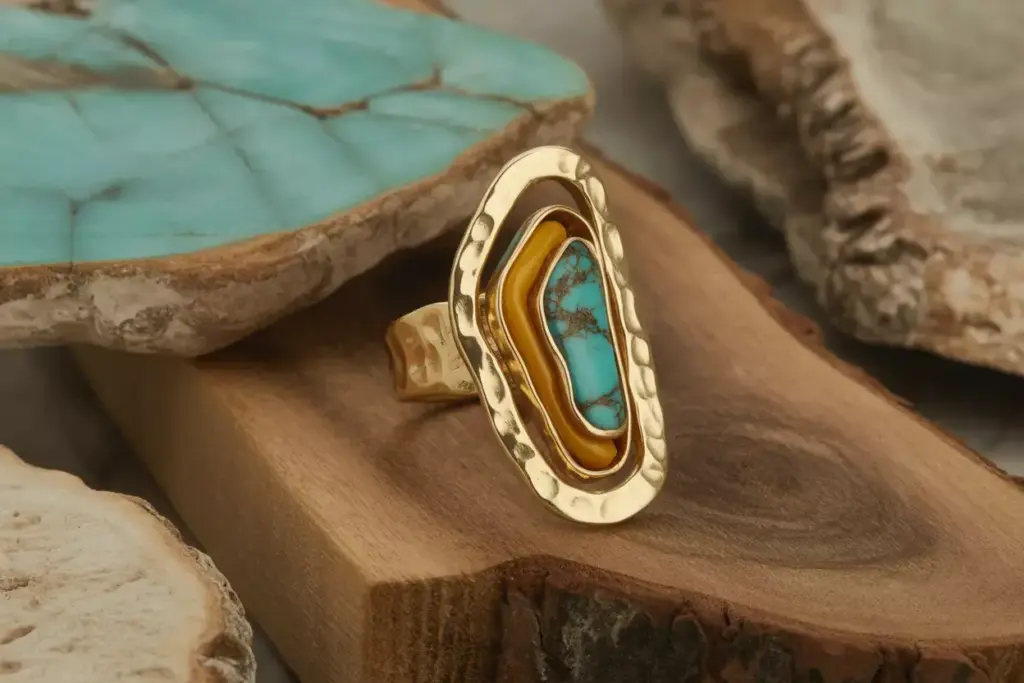 1970s bohemian hammered gold turquoise inlay raw wood