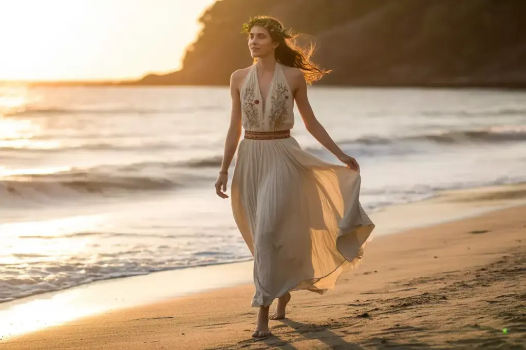 Bohemian halter gown walking on beach at sunset