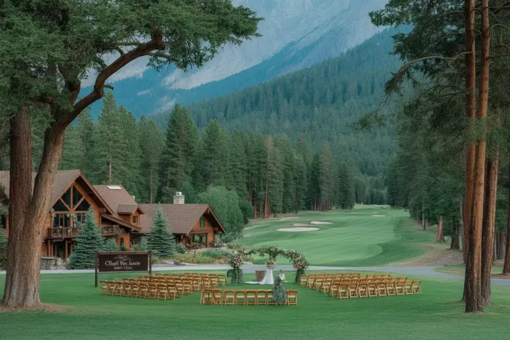 Chalet view lodge mountain forest lawn ceremony golf course backdrop