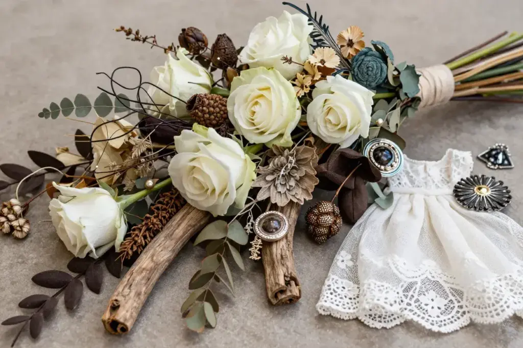 Mixed media bouquet dried flowers fabric vintage brooch textured detail