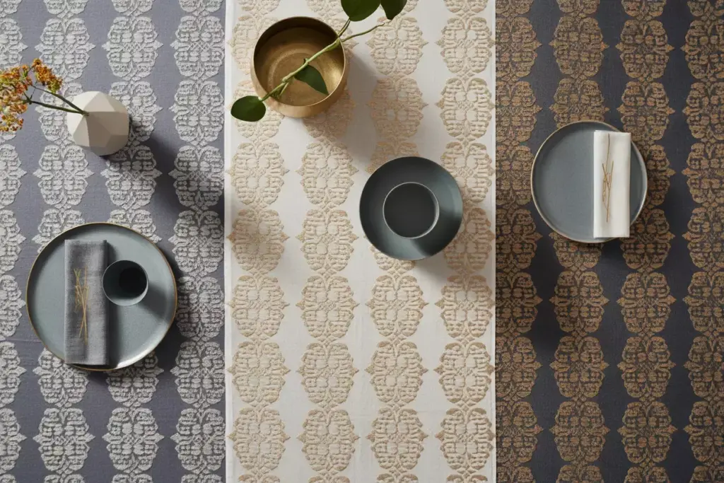 Modern damask pattern table runner on contemporary tablescape with geometric vase