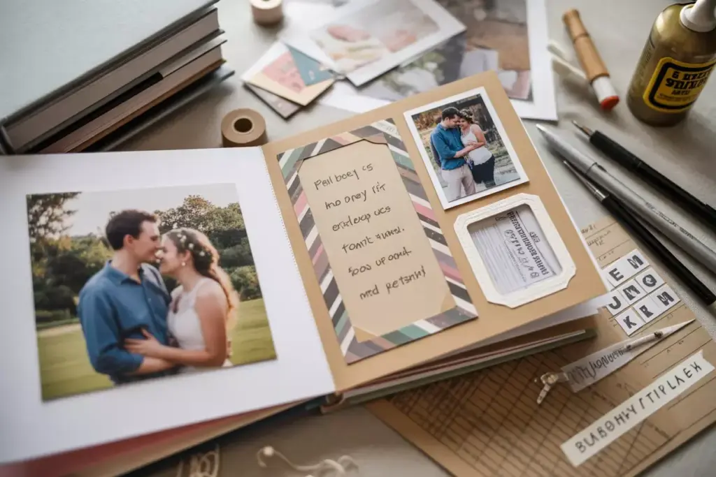 Open handmade scrapbook with photos decorative paper and crafting materials