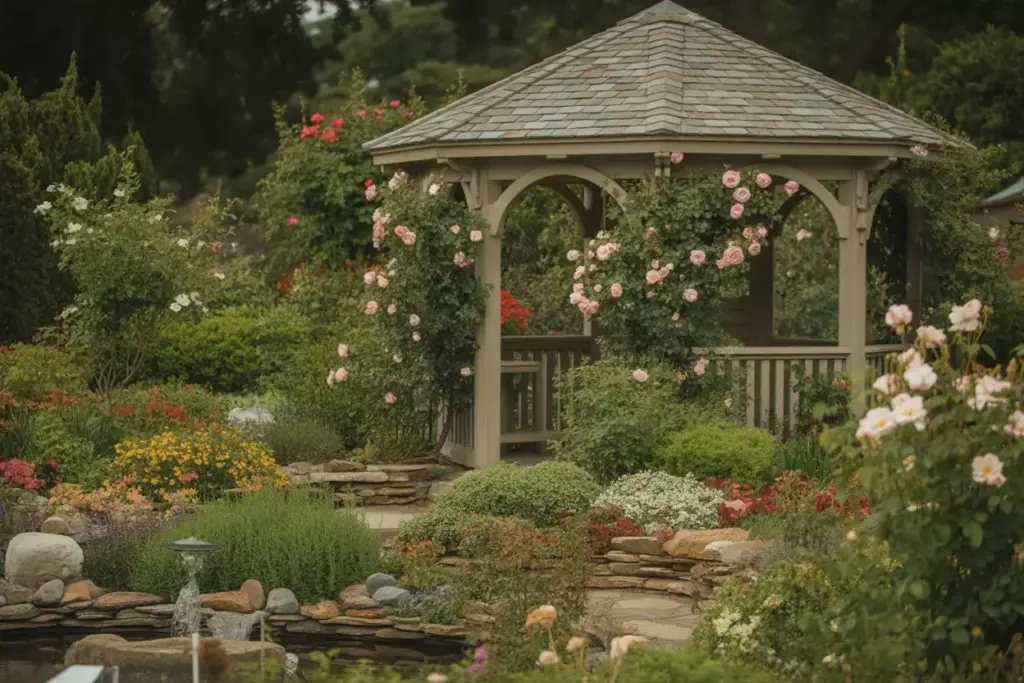 Gardens heather farm rose covered gazebo colorful flowerbeds herb garden