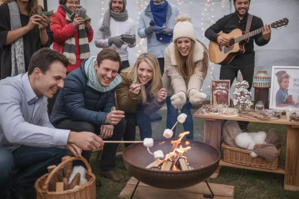 Guests smore bar hot chocolate station winter photo booth interactive fun