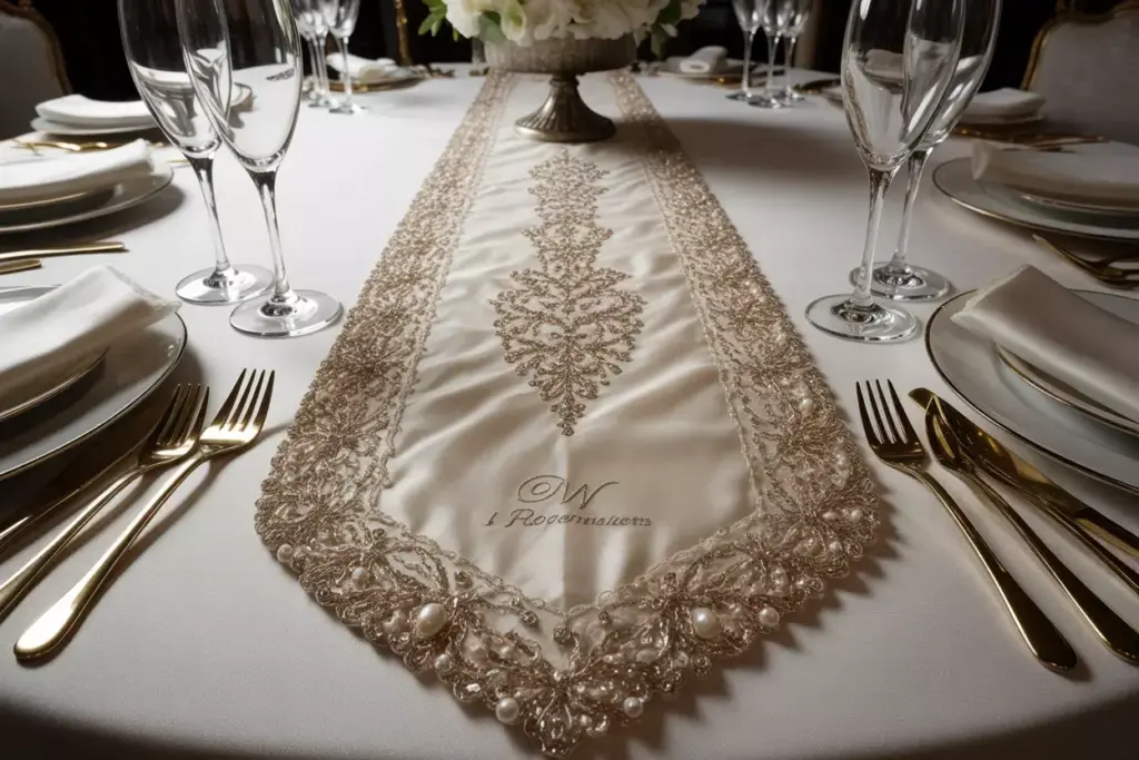 Luxury hand beaded sequined silk table runner with monogram on formal table