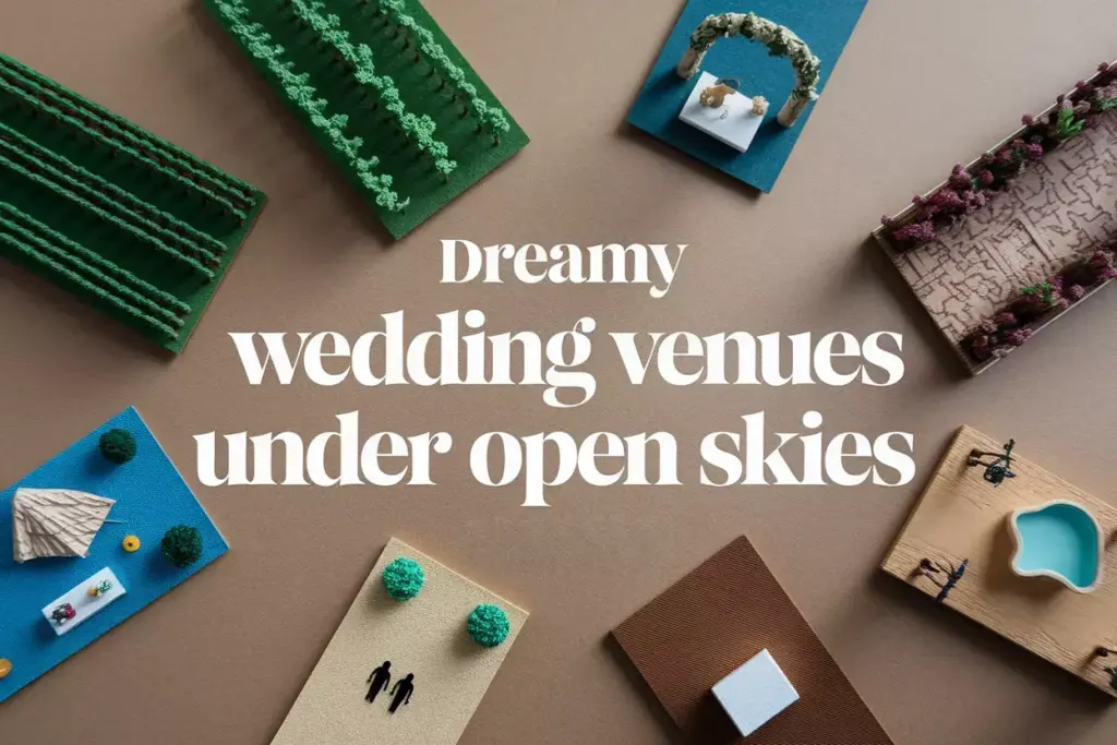 Aerial view miniature outdoor wedding venues on kraft paper map