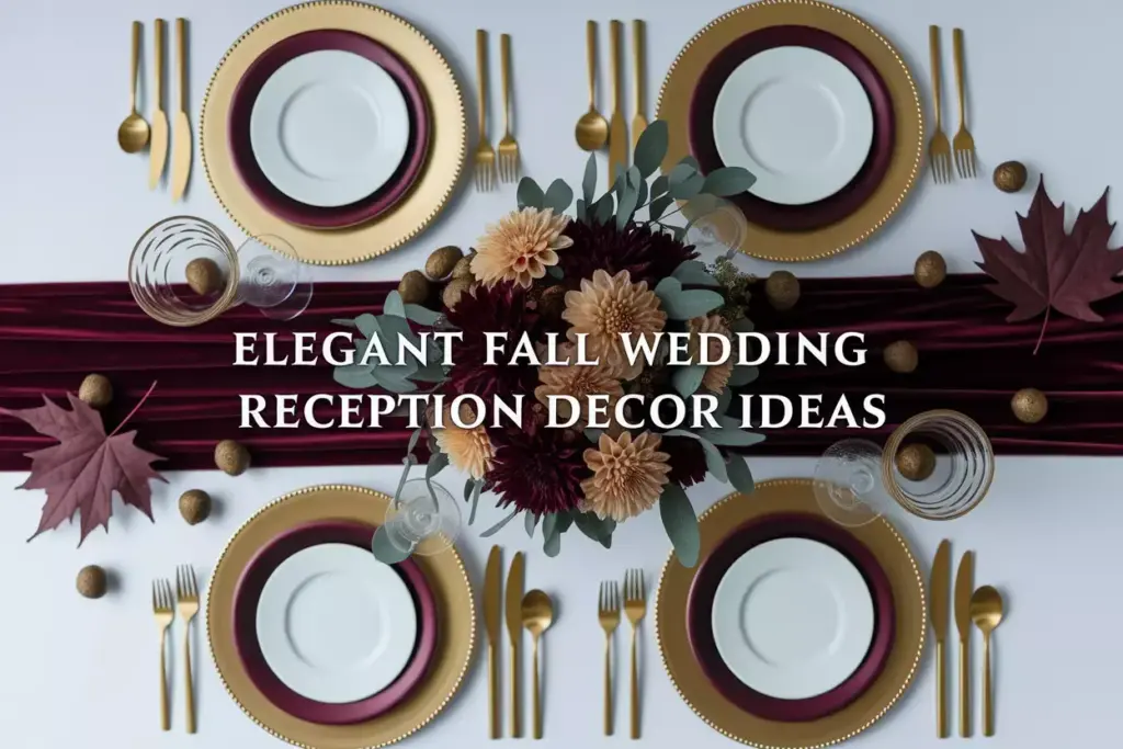 Elegant fall wedding table setting burgundy gold seasonal flowers candlelight