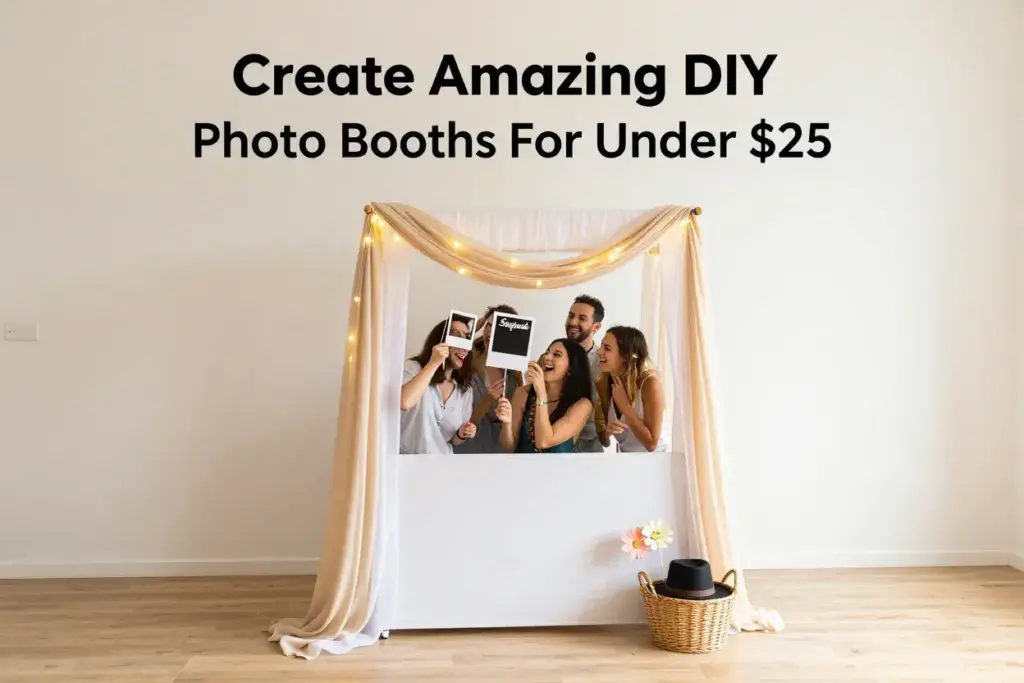 Minimalist rustic diy photo booth with fabric lights and joyful guests