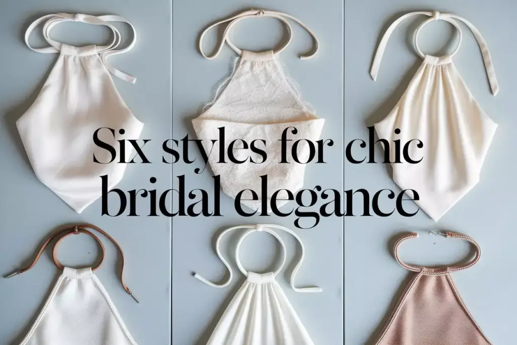 Modern halter dress styles grid flat lay on grey backdrop