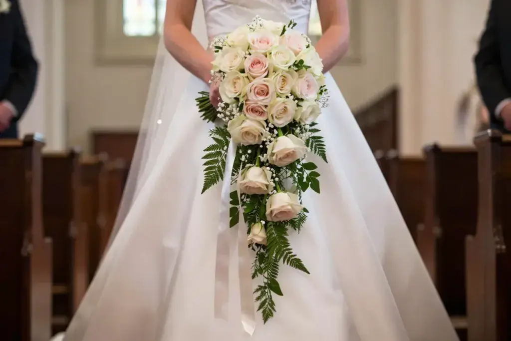 Cascading ivory rose bouquet with greenery in brides hands during processional