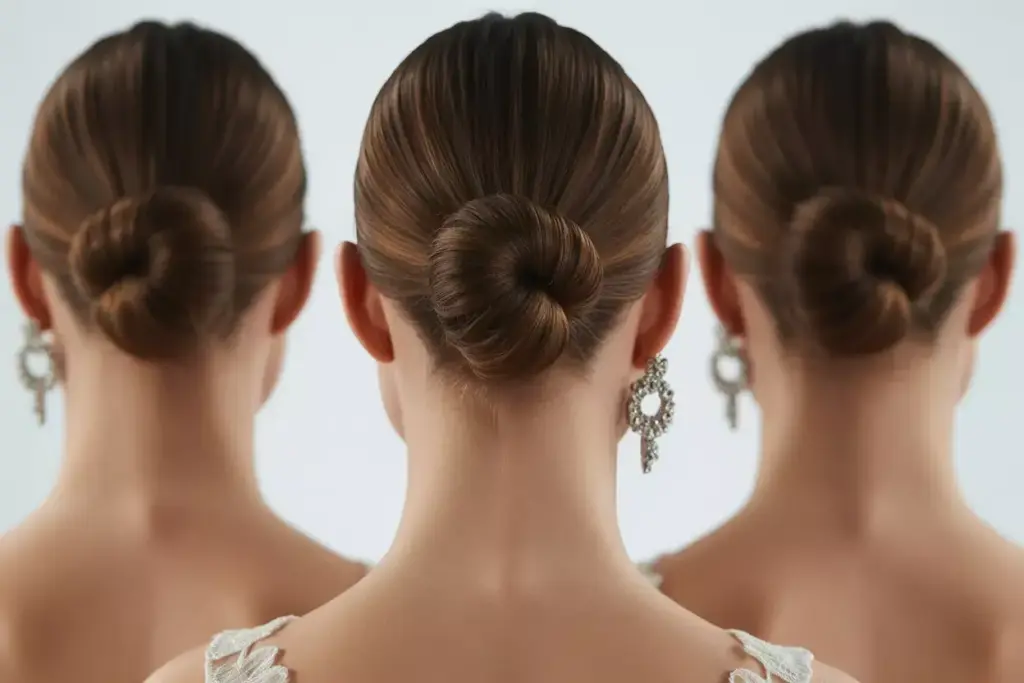 Classic low bun with deep side part and statement earring