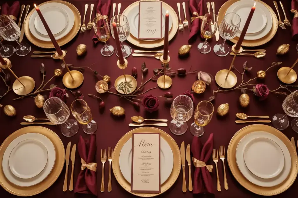 Elegant burgundy gold table setting overhead view luxurious autumn wedding