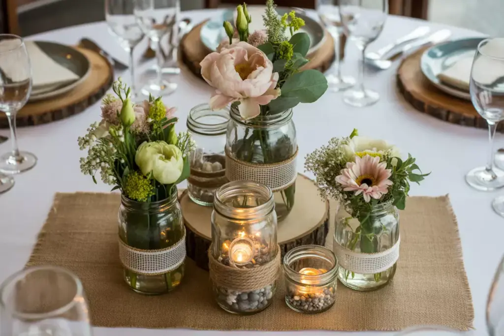 Mason jar burlap floral cluster with fairy lights on wedding table