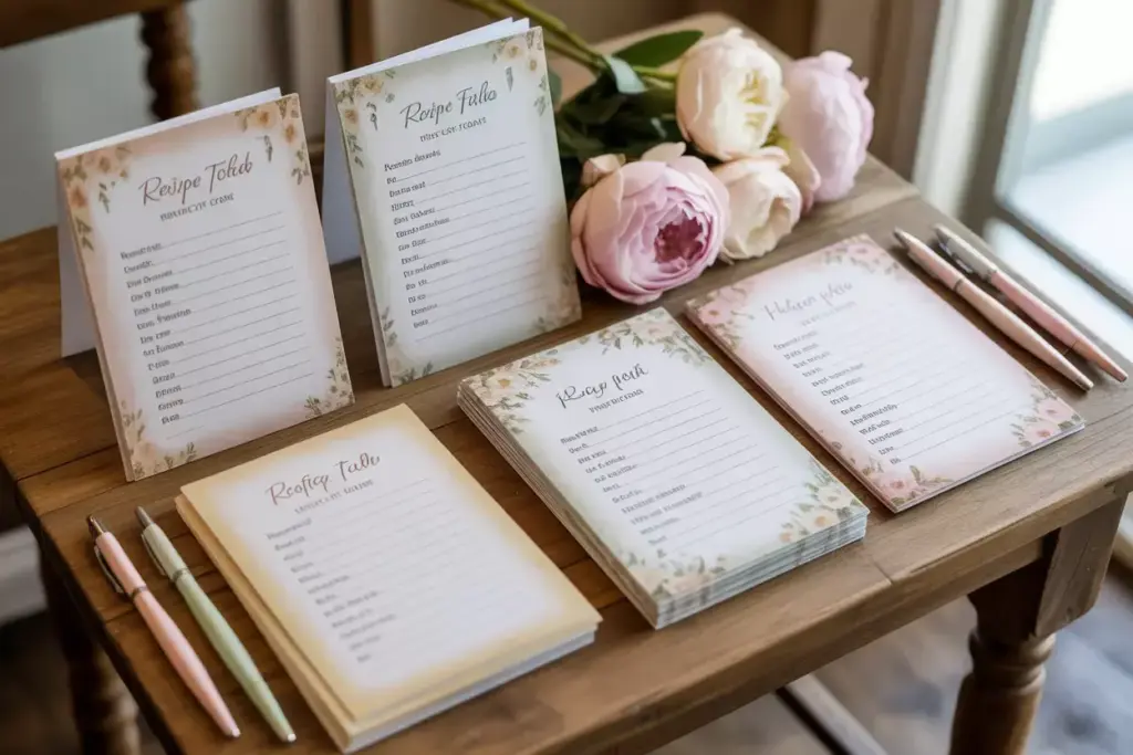 Vintage floral recipe cards with gold foil on wooden table