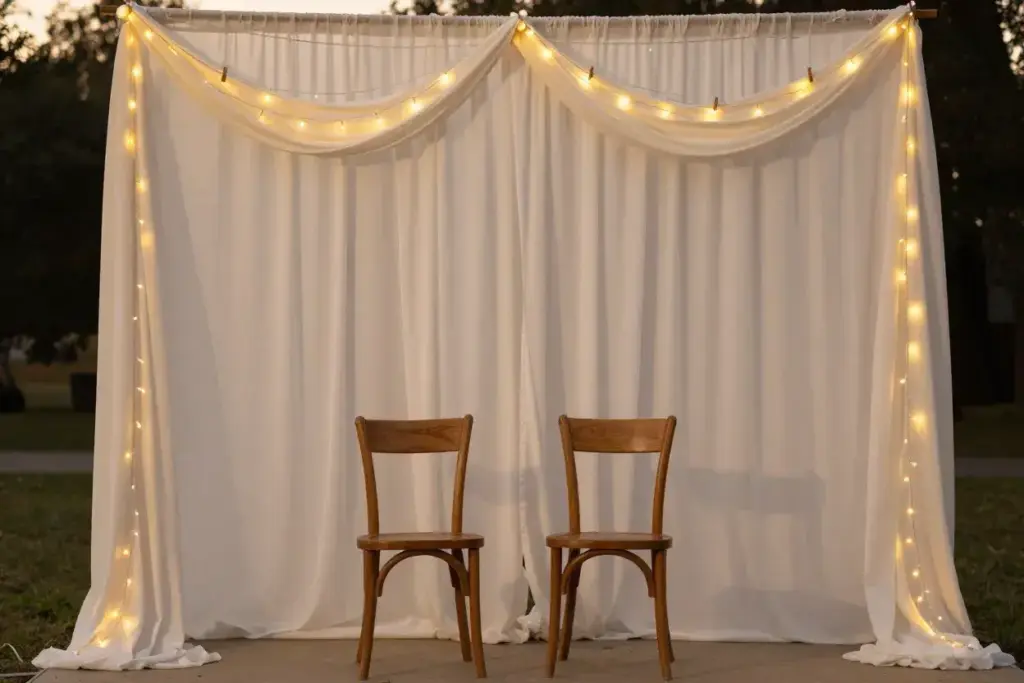 Rustic fabric string light frame elegant wedding backdrop warm glow