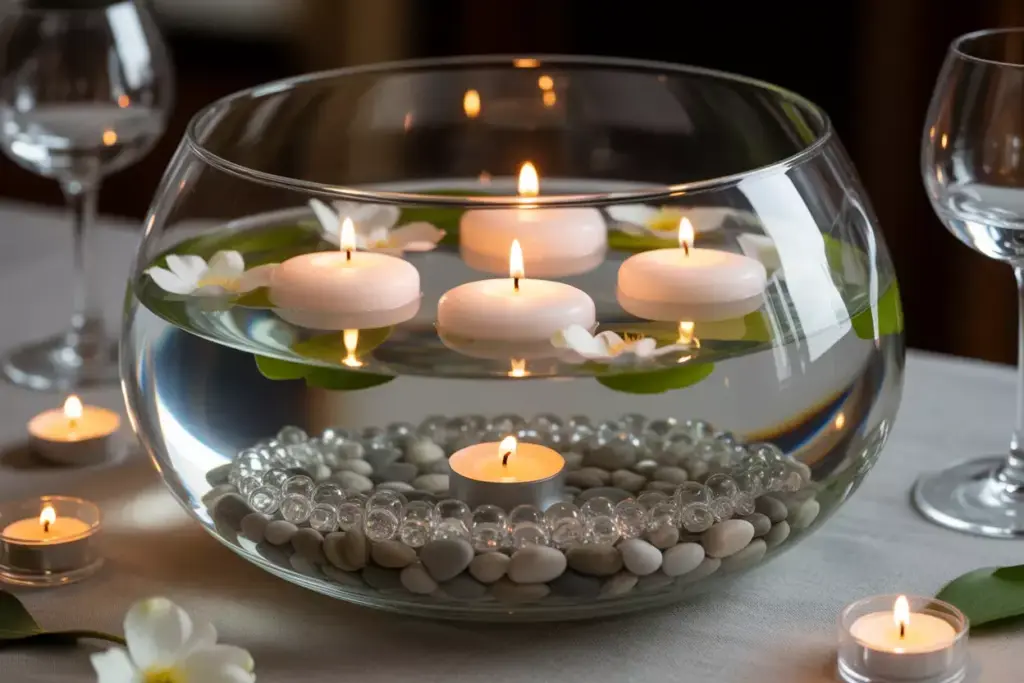 Floating candles and petals in glass bowl with submerged lights