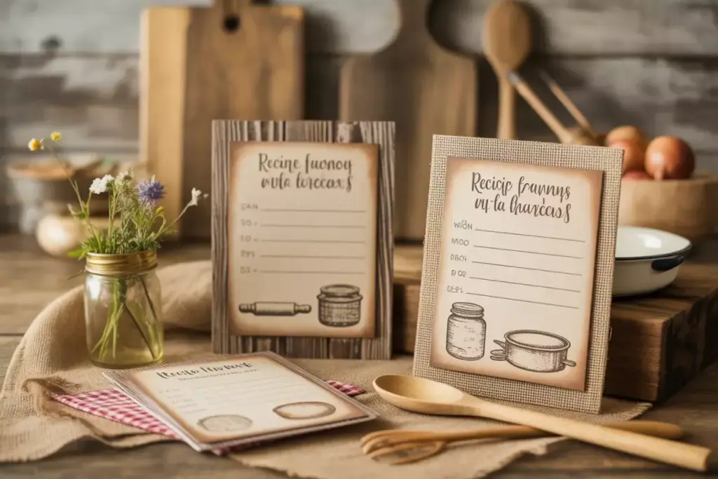 Rustic farmhouse recipe cards with mason jar illustrations