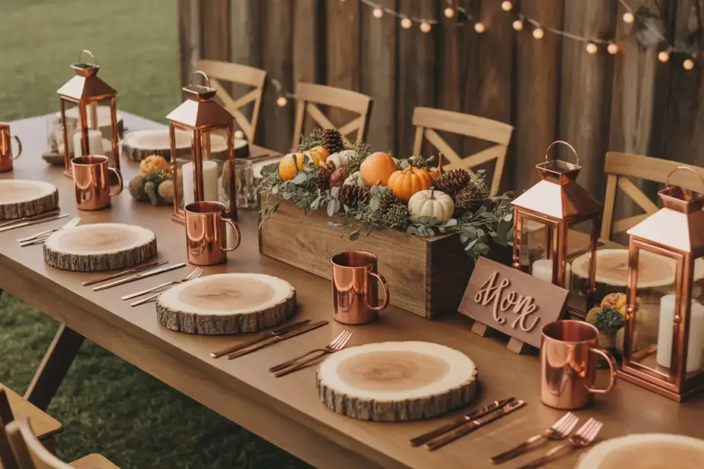 Rustic wood farm table copper accents lanterns natural centerpiece
