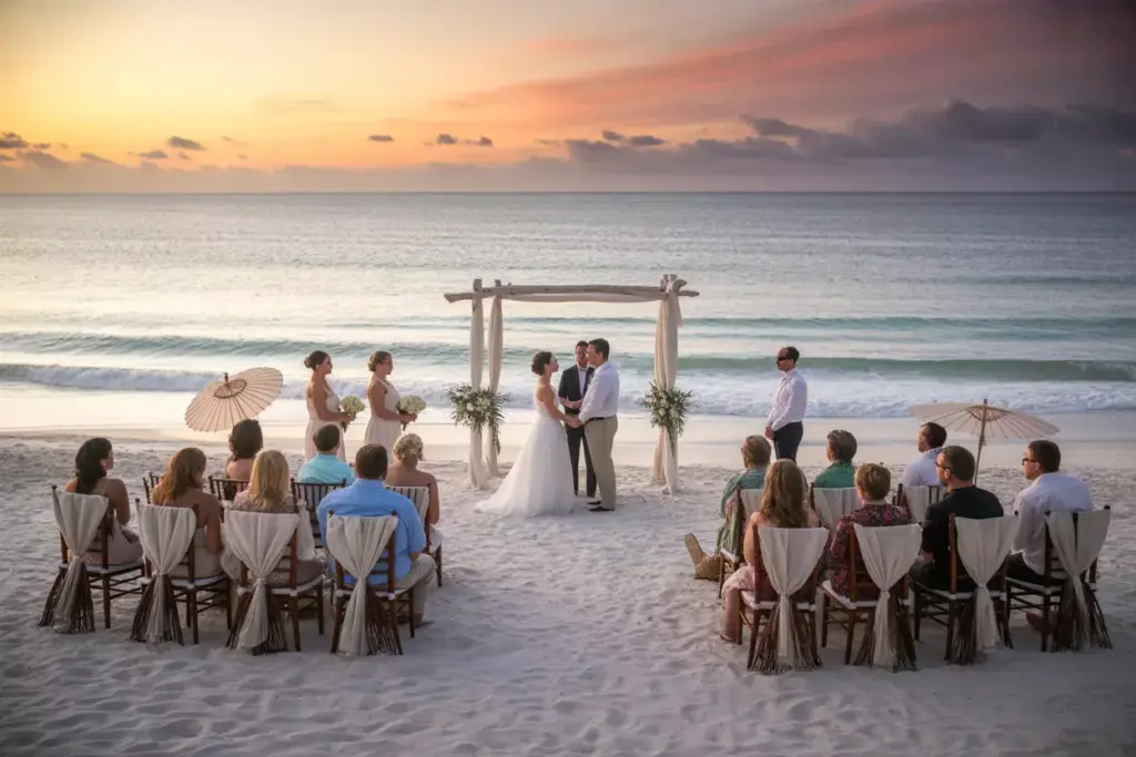 Sunset beach wedding ceremony with driftwood arch and ocean waves