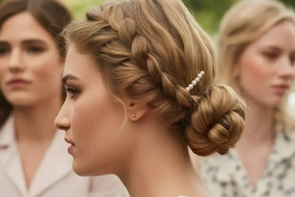 Textured twisted chignon with pearl pin garden wedding